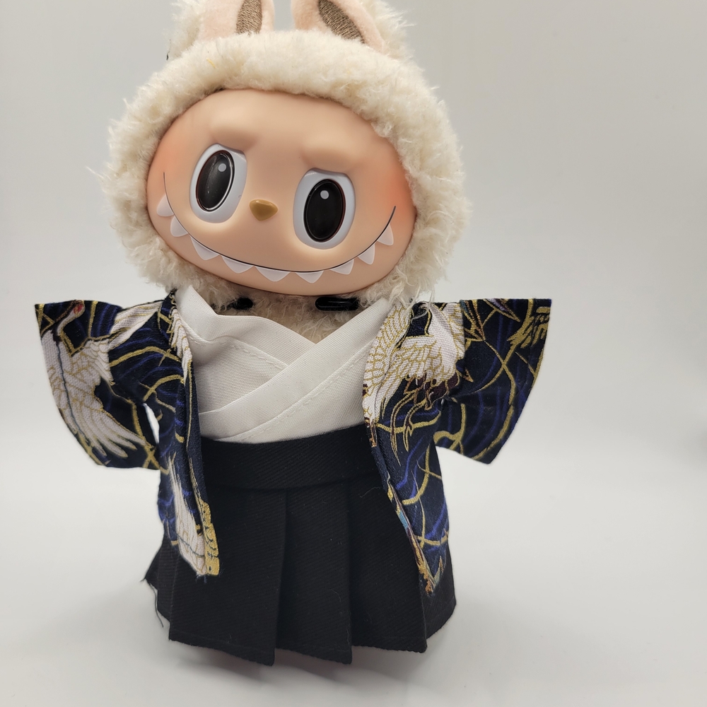 Black And Blue Crane Pattern Kimono For 17cm Dolls. No Doll Included.